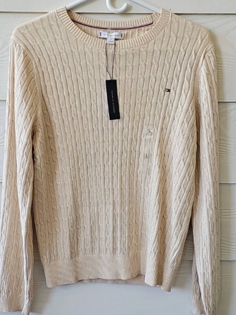 Tommy Hilfiger Cable Knit Crewneck Sweater Beige Tan Cream